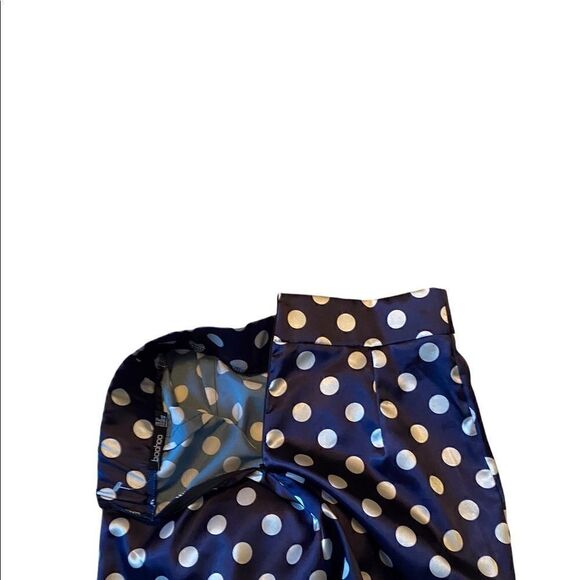NWOT BOOHOO satin tapered trousers in navy polka dot - Picture 7 of 10